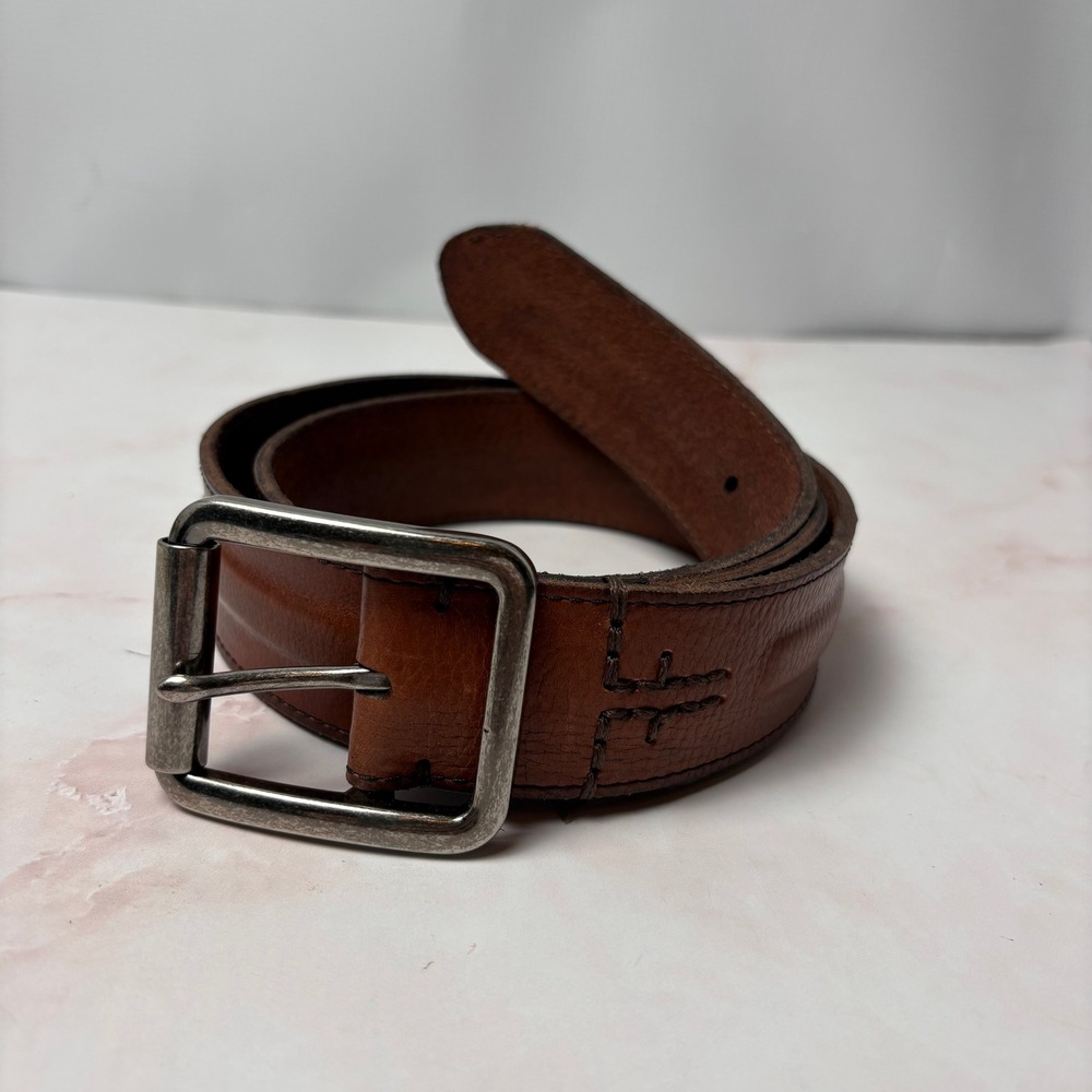 Frye Mens Brown Leather Belt 36 Cognac Double F Stitch Rugged Western 34DC961